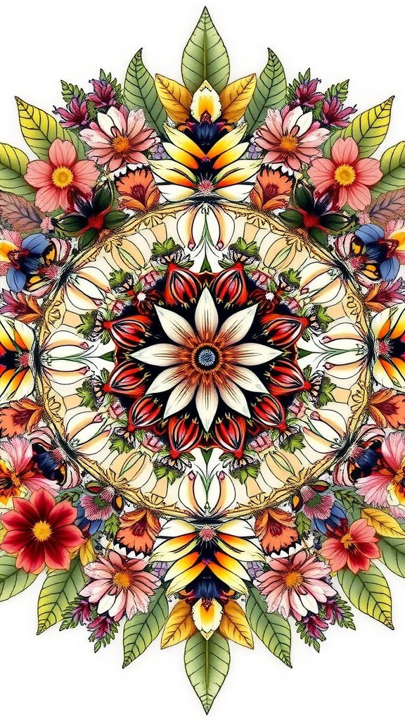 A colorful floral mandala design featuring various flowers and leaves