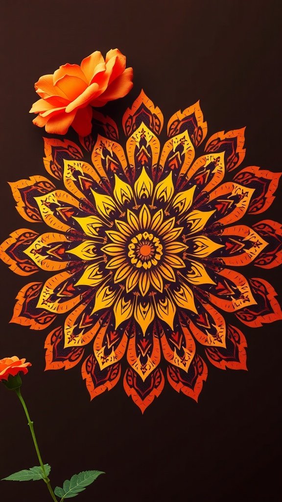 A vibrant floral mandala design with orange and yellow colors, featuring intricate patterns on a dark background. May Phone Wallpaper