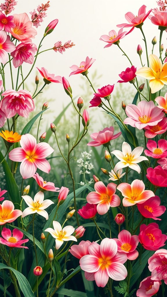 A vibrant arrangement of colorful flowers against a soft background, perfect for spring-themed phone wallpaper. May Phone Wallpaper
