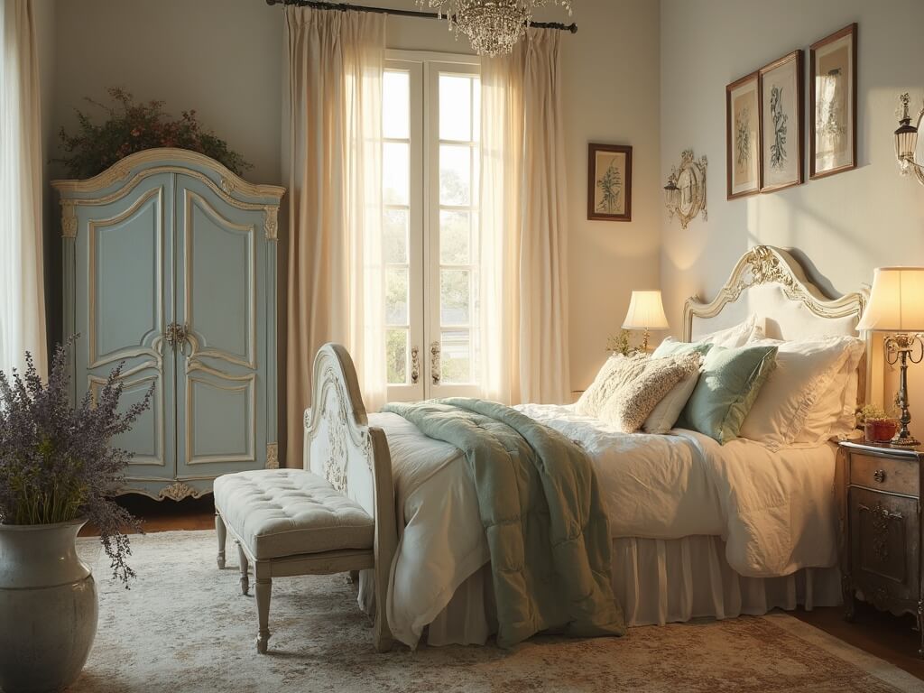 Luxurious French country master bedroom with a cream ornate bed, layered linens, distressed armoire, botanical prints, crystal chandelier, and natural light.