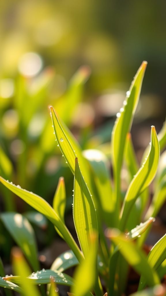 Close-up of freshly sprouted green leaves with dew drops