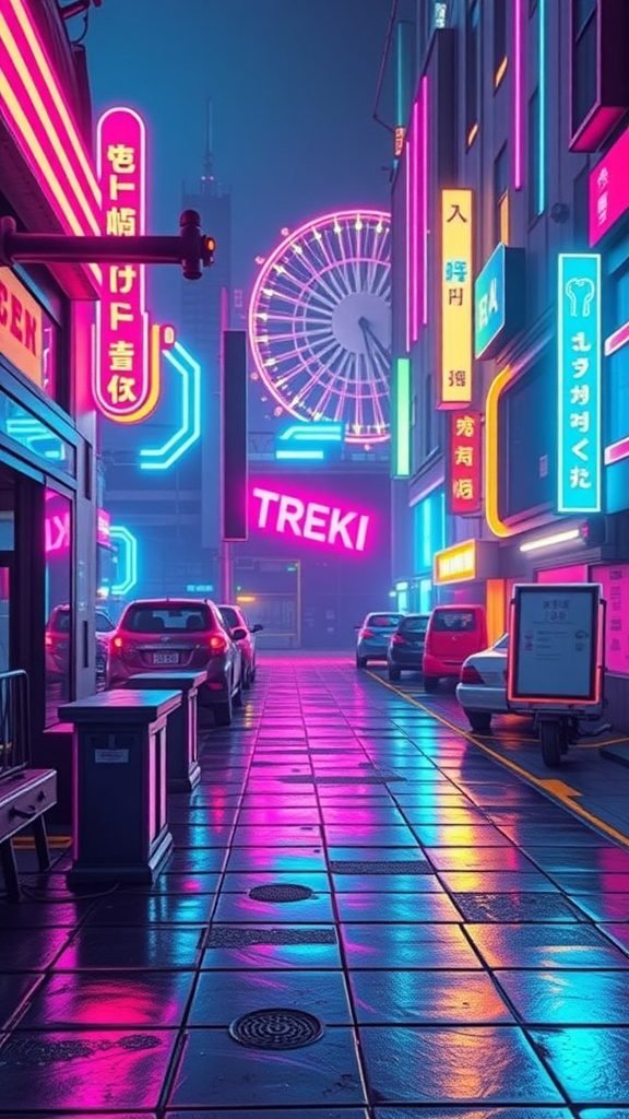 A bright neon-lit street scene with a ferris wheel in the background, showcasing a futuristic city atmosphere.
