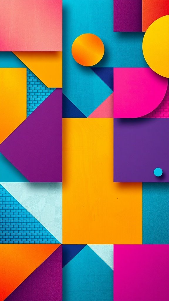 Colorful geometric shapes and patterns in a vibrantly designed phone wallpaper.