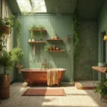 Overhead view of a luxury boho bathroom featuring a vintage copper freestanding tub, sage and forest green walls, abundant hanging plants, reclaimed teak mat, geometric tiles, and warm copper accents.