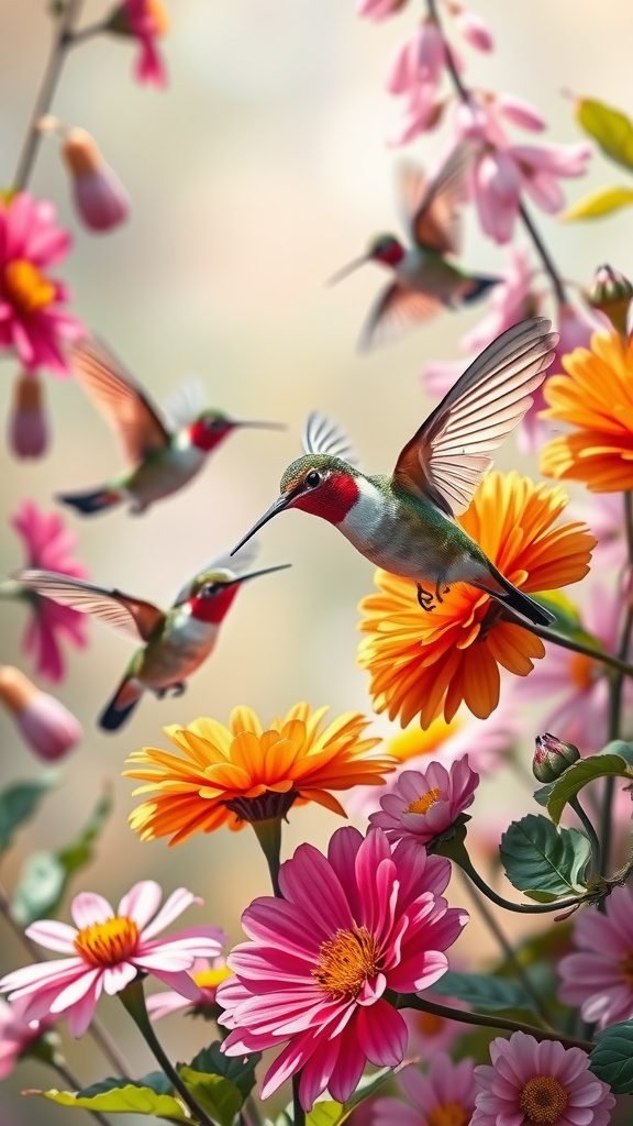 A vibrant scene of hummingbirds among colorful flowers in spring.