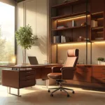 Luxurious Italian executive office corner with a floating mahogany desk, cognac leather chair, and minimalist steel and glass shelving, bathed in golden hour sunlight through floor-to-ceiling windows.