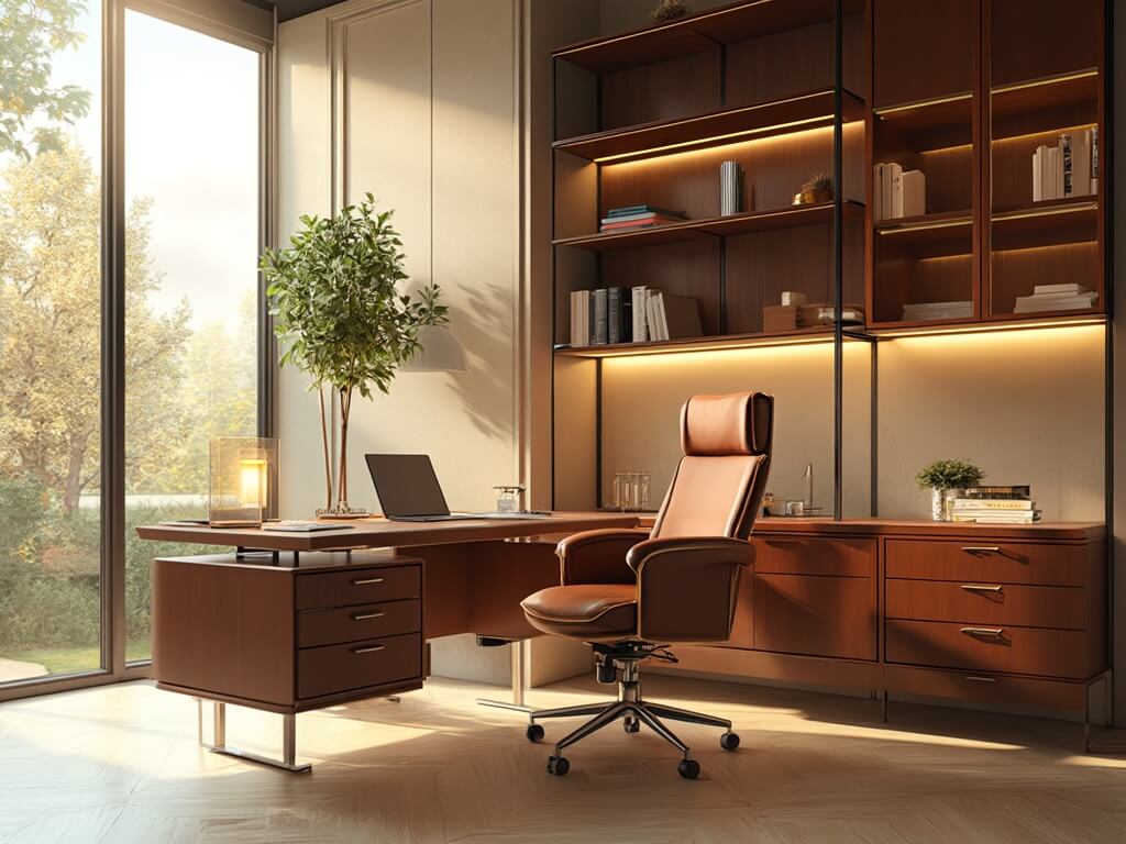 Luxurious Italian executive office corner with a floating mahogany desk, cognac leather chair, and minimalist steel and glass shelving, bathed in golden hour sunlight through floor-to-ceiling windows.