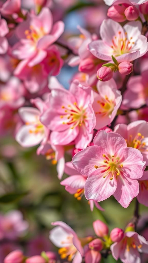 Close-up of pink spring blossoms with yellow centers
