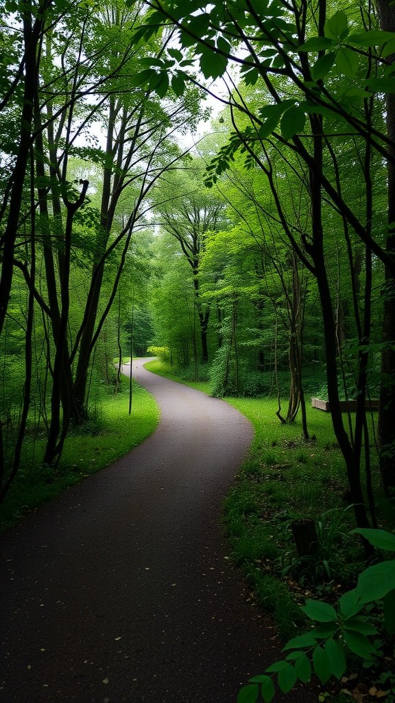 A winding path through a lush green forest with tall trees and a peaceful atmosphere.