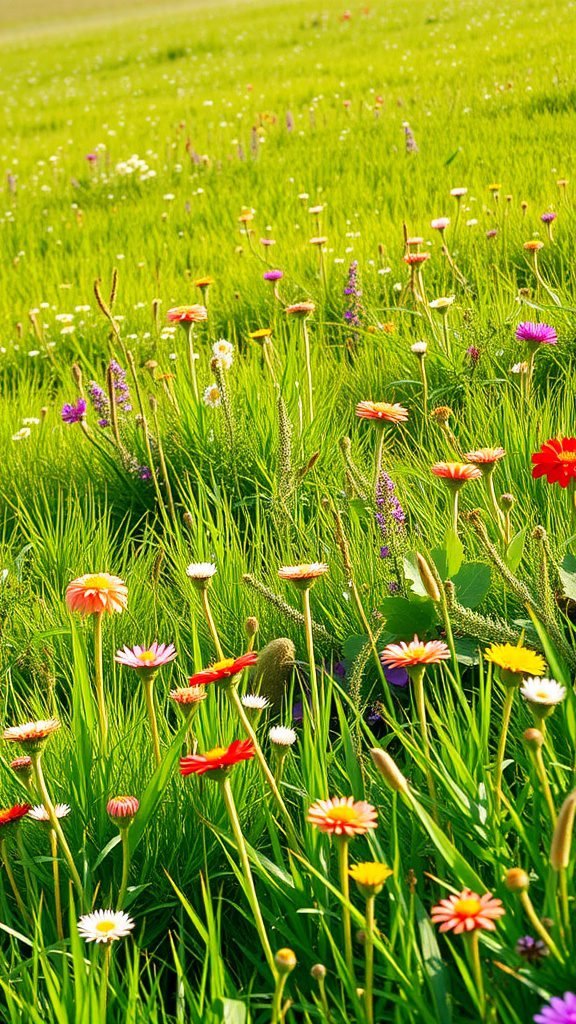 Vibrant green meadow filled with colorful flowers
