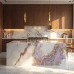 A luxurious kitchen with Calacatta Viola marble waterfall island featuring purple-gold veining, rich walnut cabinetry, brushed gold hardware, and stainless steel appliances; early morning sunlight streams through floor-to-ceiling windows highlighting the elegant details and creating a warm, golden hour glow throughout the space.