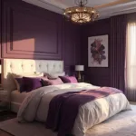 Photorealistic image of a contemporary luxury bedroom with a deep aubergine accent wall and golden hour lighting. Features a California king bed with an ivory tufted headboard, white sateen sheets, a plum velvet comforter, and metallic purple throw pillows. A crystal and brass chandelier and mercury glass table lamps on mirrored nightstands add elegance. Modern geometric artwork and brass accents complement the moody atmosphere, captured in ultra HD with a focus on textures and rich purple tones. home bedroom refresh purple