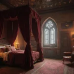 Luxurious medieval-inspired bedroom with a four-poster bed, velvet curtains, and floating LED candles, featuring gothic windows, astronomical instruments, spell books, potion corner, house banners, leather reading chair, and a Snitch lamp, in a magical, cinematic atmosphere.