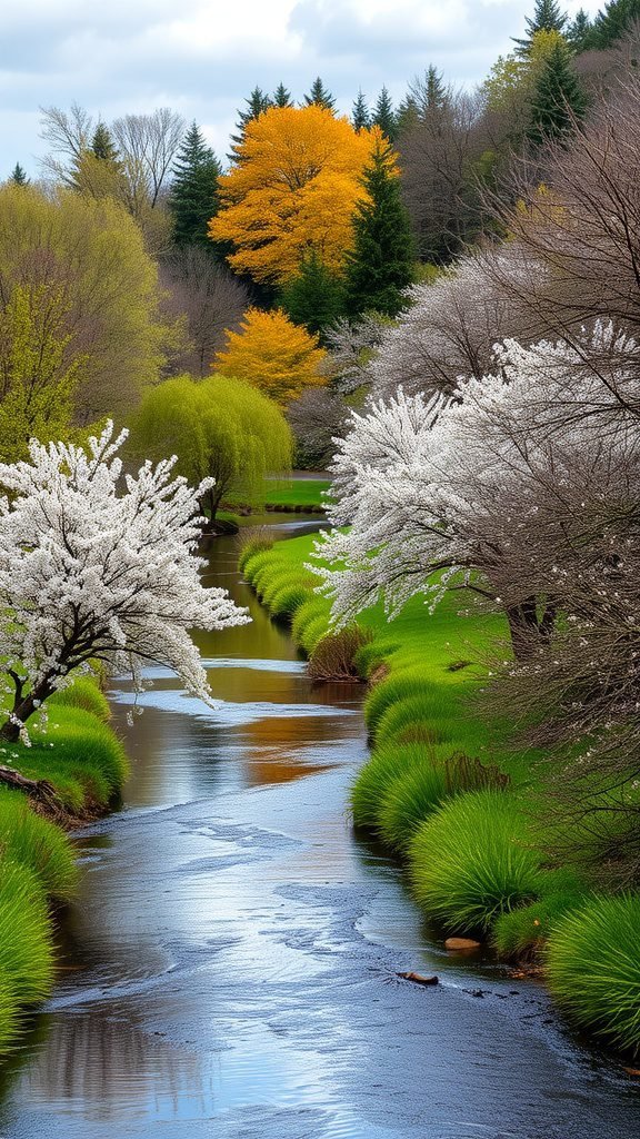 A serene river surrounded by blooming cherry blossom trees and vibrant greenery in spring.
