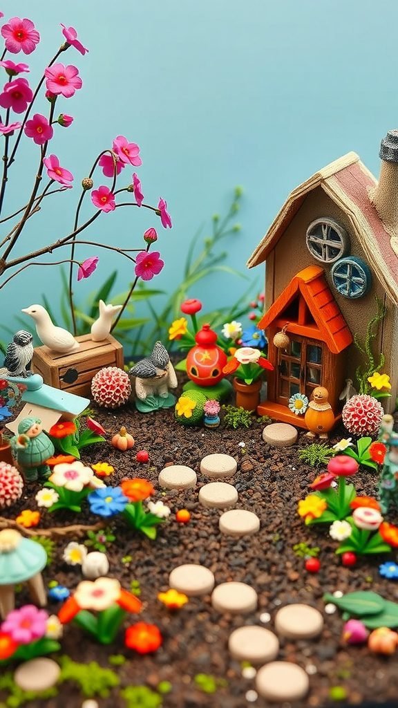 A vibrant miniature garden scene featuring colorful flowers, a tiny house, and playful decorations.