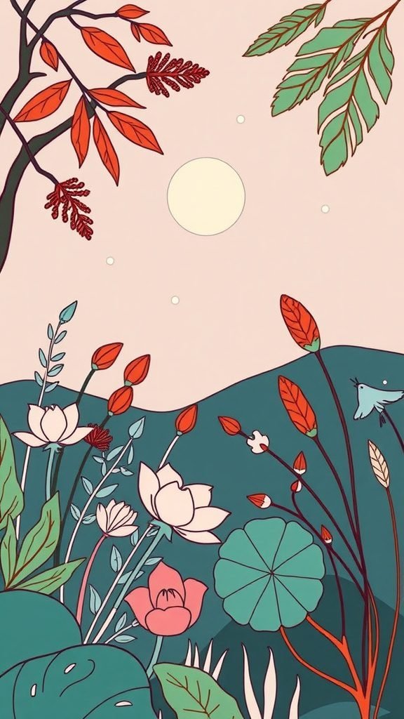 A minimalist line art wallpaper featuring flowers, leaves, and a sun in soft colors.