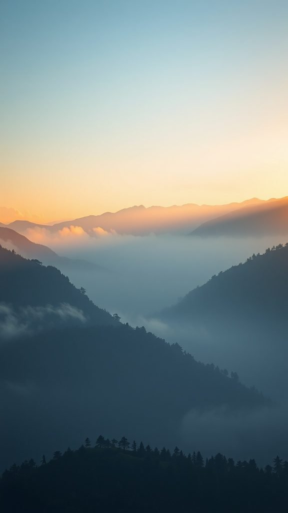 Misty mountains in soft morning light with fog in the valleys