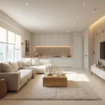 Photorealistic modern basement living space with a white exposed ceiling, oatmeal sectional sofa, Moroccan rug, brass sconces, and floating stairs.