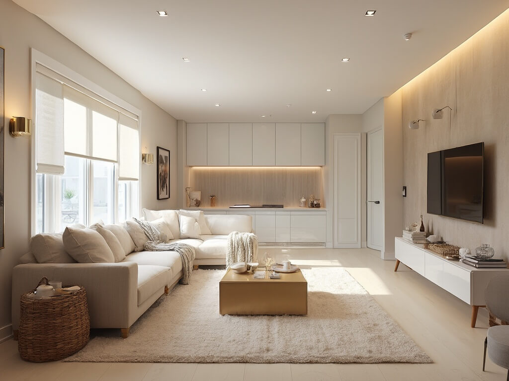 Photorealistic modern basement living space with a white exposed ceiling, oatmeal sectional sofa, Moroccan rug, brass sconces, and floating stairs.