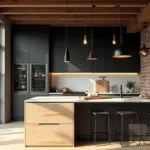 A spacious modern kitchen with matte black cabinets, a light maple wood island, floor-to-ceiling windows, and golden hour lighting; featuring white quartz countertops, exposed brick accent wall, wooden beam ceiling, and industrial black faucet.