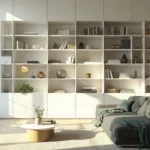 Modern living room with a sunlit floor-to-ceiling white bookcase, color-coordinated books, brass objects, ceramics, charcoal linen sectional, and white oak flooring; photographed in warm morning light.
