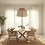 Photorealistic coastal dining room with golden hour light, featuring a whitewashed oak table, cream and rattan chairs, sheer drapes, natural fiber rug, and minimalist decor in soft ocean blue accents, captured with cinematic lighting.