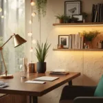 A minimalist home office desk setup with golden hour lighting, featuring a modern walnut desk with desk accessories, a task lamp, snake plant, framed photos, a vintage camera, and floating shelves with books and terrariums. Cream walls, a neutral rug, and an ergonomic chair add to the scene, highlighted by copper fairy lights and dramatic shadows.