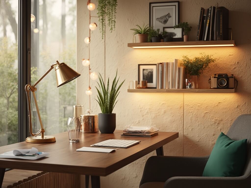 A minimalist home office desk setup with golden hour lighting, featuring a modern walnut desk with desk accessories, a task lamp, snake plant, framed photos, a vintage camera, and floating shelves with books and terrariums. Cream walls, a neutral rug, and an ergonomic chair add to the scene, highlighted by copper fairy lights and dramatic shadows.