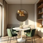 A modern compact dining space with a white marble tulip table, sage green velvet chairs, and a brass sputnik pendant light, illuminated by golden hour sunlight through large windows.