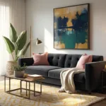 Wide-angle view of a modern living room with a dark gray velvet tufted sofa, sunlit through large windows, featuring blush and ivory decor, brass elements, abstract art, and a fiddle leaf fig plant.