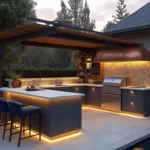 Hyperrealistic photo of a luxurious outdoor kitchen at sunset, featuring charcoal gray cabinets, concrete countertops, stainless steel grill, copper pizza oven, navy bar stools, teak accents, and a geometric tile backsplash.