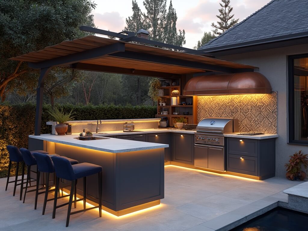 Hyperrealistic photo of a luxurious outdoor kitchen at sunset, featuring charcoal gray cabinets, concrete countertops, stainless steel grill, copper pizza oven, navy bar stools, teak accents, and a geometric tile backsplash.