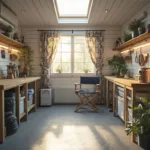 Interior of a sunlit renovated garden shed with shiplap walls, epoxy floor, oak workbench, storage shelves, and cozy seating next to a window with botanical curtains.