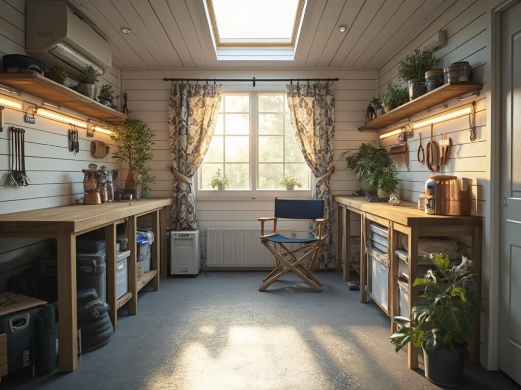 Interior of a sunlit renovated garden shed with shiplap walls, epoxy floor, oak workbench, storage shelves, and cozy seating next to a window with botanical curtains.
