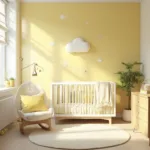 A sunlit modern nursery featuring butter yellow walls and white trim, with a white crib and geometric bedding at the center. Floor-to-ceiling windows cast geometric shadows. The room includes an oak dresser, ivory rocking chair with yellow pillows, cloud decals, a honeycomb-pattern rug, and a minimalist mobile. Styled bookshelves, a vintage brass lamp, and macramé wall hanging complete the design.