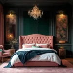 A luxurious master bedroom with a moody romantic ambiance, featuring deep navy walls, a blush pink tufted velvet headboard, and warm golden hour lighting through charcoal drapes. The room includes elegant details like a crystal chandelier, vintage brass-framed mirror, and a velvet reading chair with copper accents, all captured in a photorealistic wide-angle shot.