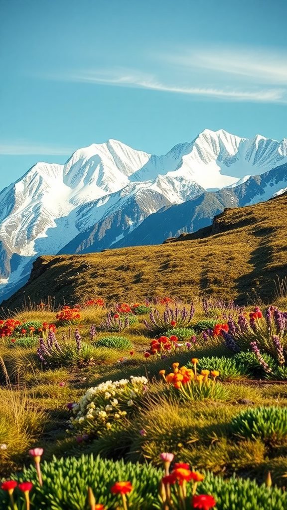 A scenic view of snow-capped mountain peaks surrounded by colorful spring flowers.
