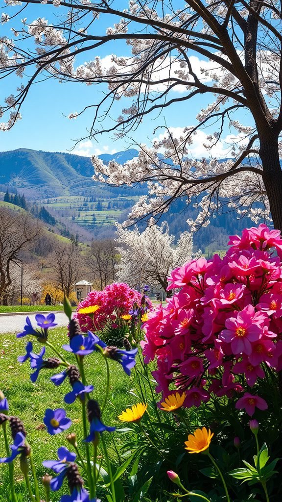 Colorful spring flowers with cherry blossom trees and mountains in the background