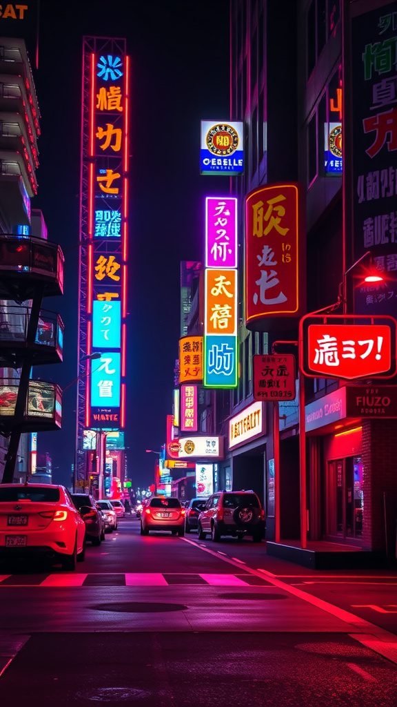 A vibrant neon city scene at night with colorful signs and parked cars.