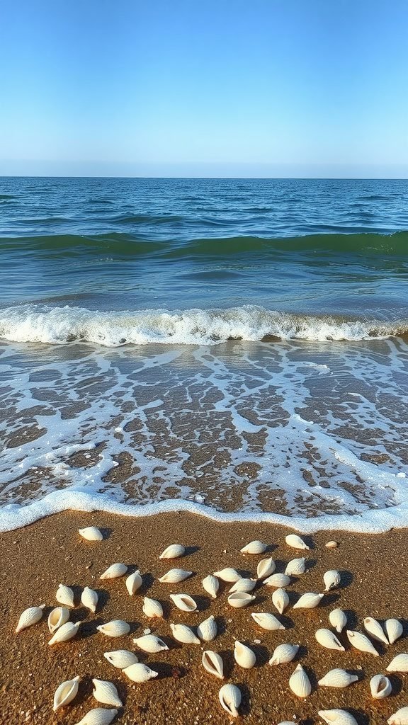 A beach scene with ocean waves and seashells on the sand under a clear blue sky.