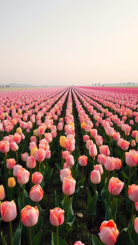 A wide field of pastel-colored tulips in rows under a light sky.