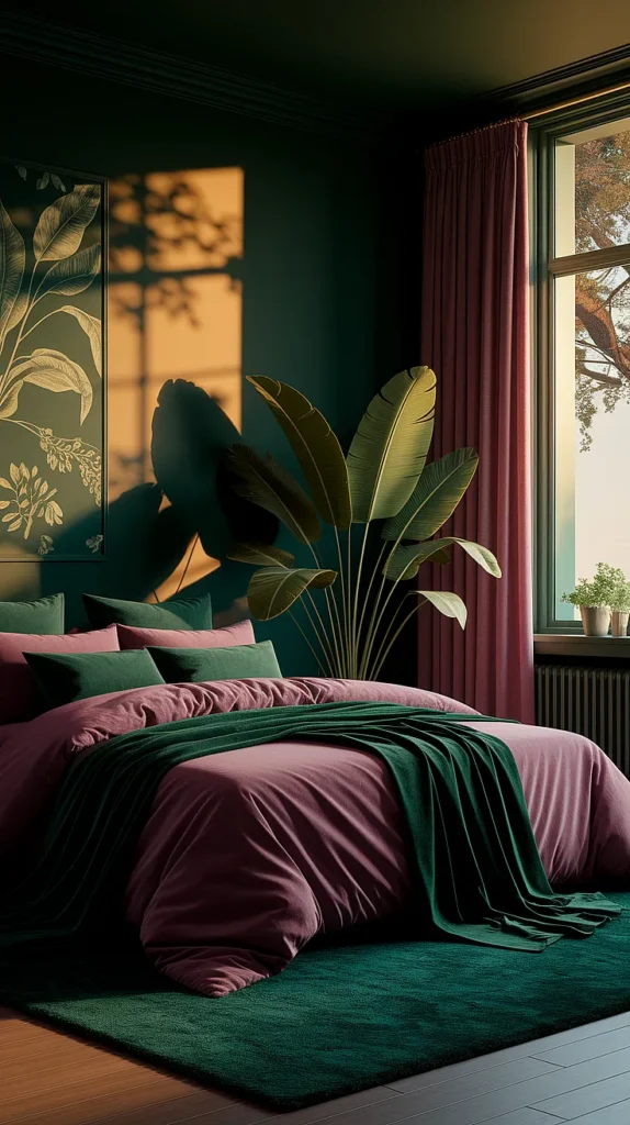 plum and green bedroom
