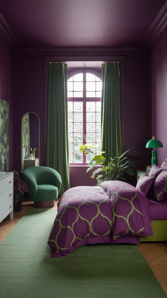 plum and green bedroom