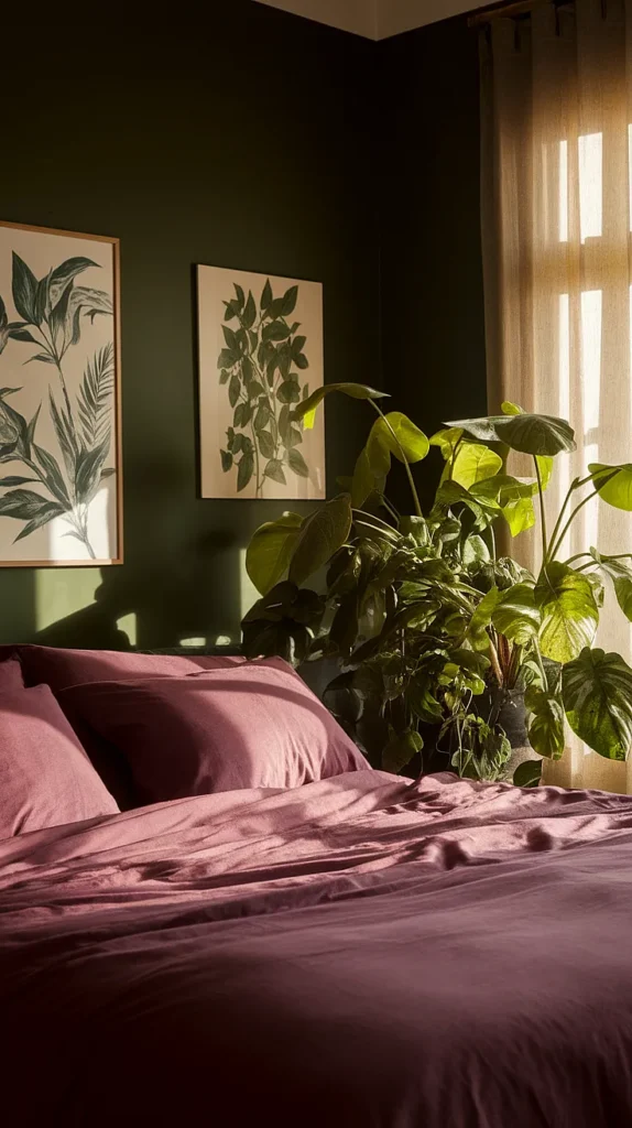 plum and green bedroom