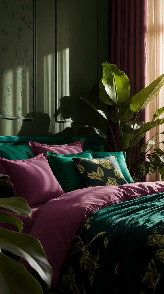 plum and green bedroom