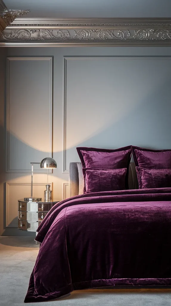 plum and grey bedroom
