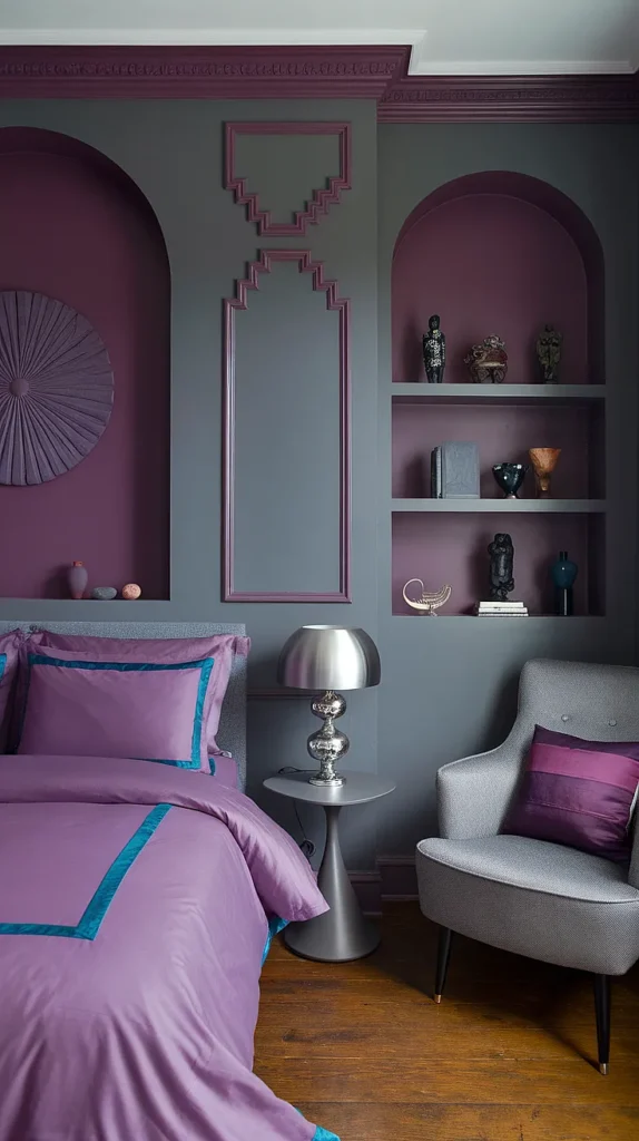 plum and grey bedroom