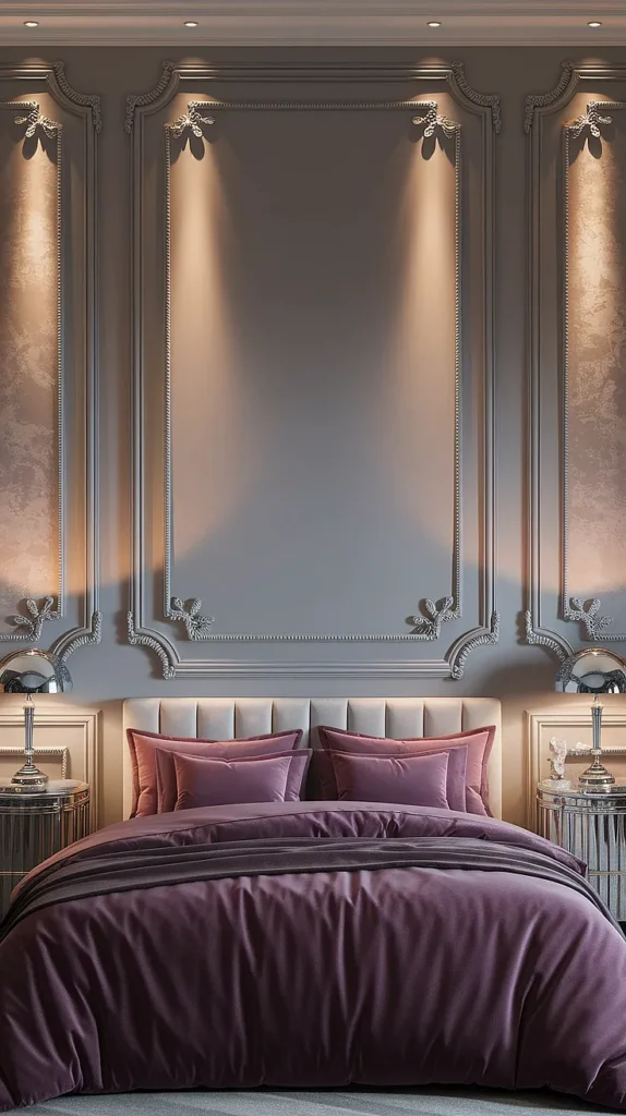plum and grey bedroom