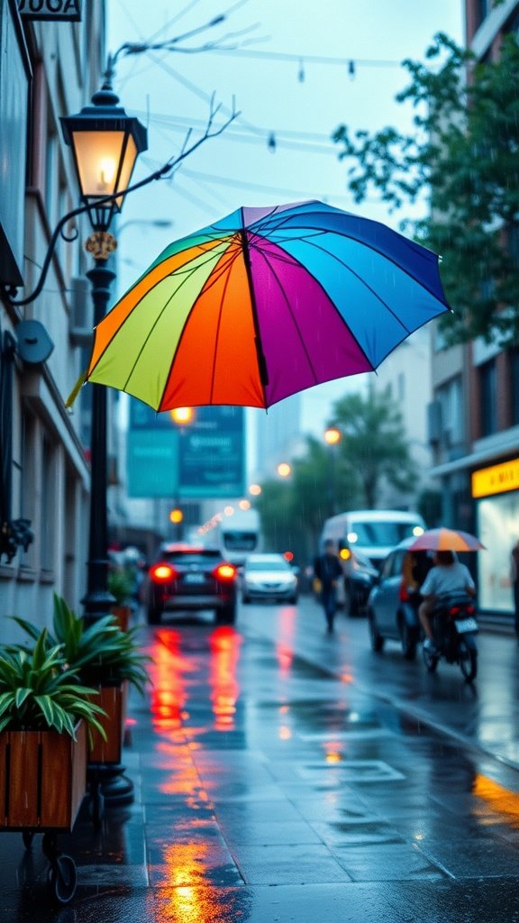 Colorful umbrella on a rainy street with reflections on the pavement