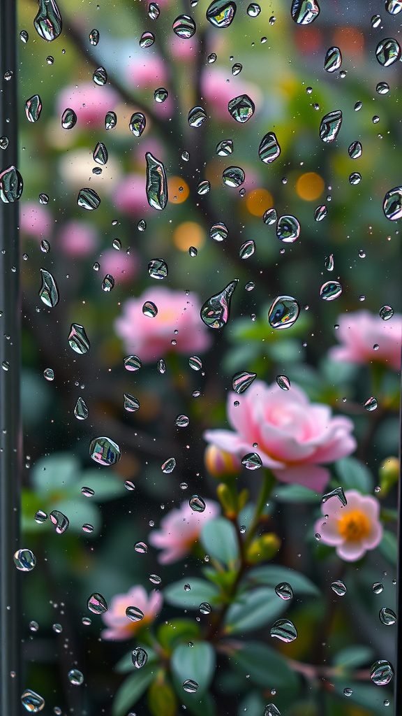 Close-up of raindrops on a window with pink flowers in the background
